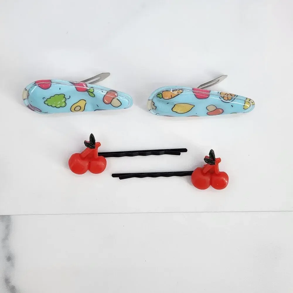 4 pc Hair Accessories 2 Cherry bobby pins 2 fruit/veggie snap barrette clips
